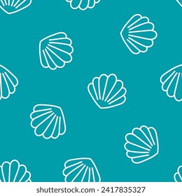 Blue seamless pattern with white outline seashell