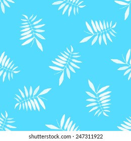 Blue seamless pattern with white painted leaves. Vector background