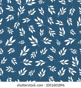 Patrón transparente azul con plantas blancas