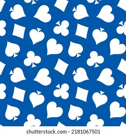 Blue seamless pattern with white playing cards suit.