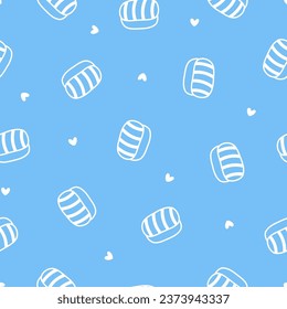 Blue seamless pattern with white sashimi and hearts