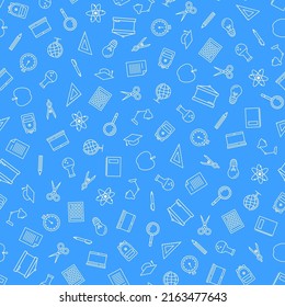 Blue seamless pattern with white school supplies.