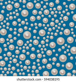 Blue seamless pattern with white small and big pearls. grey beads on glam background. Great for luxuary and VIP projects vector illustration. Use for scrapbooking, packaging, fabric wallpaper