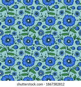 BLUE SEAMLESS PATTERN WITH WILD FLOWERS IN VECTOR