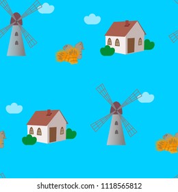 Blue seamless pattern with windmills, cottadges, jute sacks and sheafs of wheat or barley. Nice countryside against blue background for wallpaper, texture,fabric. Vector illustration.