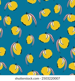 Blue seamless pattern with yellow apples. Vector background, print, design