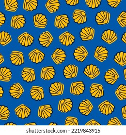 Blue seamless pattern with yellow seashell.