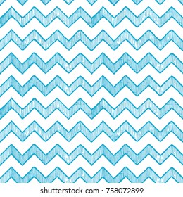 blue seamless pattern of  zigzag parallel lines. Vector illustration in ink hand drawn style. 