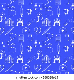 Blue seamless pattern-medical items. This illustration is drawn with a pencil.