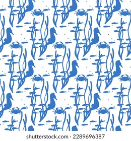 Blue seamless patterns of organisms living in eelgrass beds