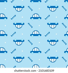 Blue seamless print with childish cars for boys. Funny pattern with rounded vehicle for decorating kids products. Perky BEEP lettering. Vector auto illustration for toddler textile, clothing, bedding.