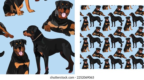 Blue Seamless Rottweiler dog pattern, holiday texture. Packaging, textile, decoration, wrapping paper.Trendy hand-drawn funny breed wallpaper.Fun seamless running sitting Rottweiler dog square pattern