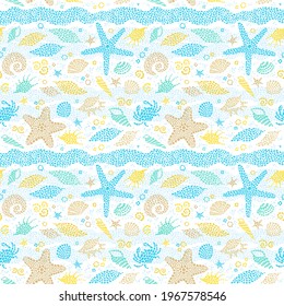 Blue seamless sea life background with sea element, crabs, seashells.  Ornate maritime decor from drops. Spotty sea background for wallpaper, pattern fills web page, surface textures. Marine life.