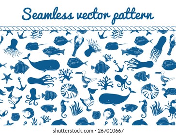 Blue seamless sea vector pattern. Nautical animals. Fish. Vector background. 