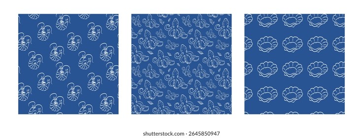 Blaue nahtlose Meeresfrüchte-Muster mit Garnelen, Tintenfisch und Muschel