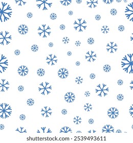 Blue seamless snowflake pattern on white background. Seamless vector pattern with blue snowflake. Perfect for winter season wallpaper, wrapping paper, gift wrapper