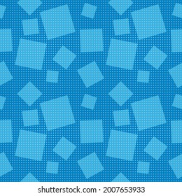 Blue seamless squares and dotted background. Vector repeated sample with light blue random squares.