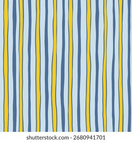 Blue seamless stripes pattern. Summer mediterranean sea lines print. Vector hand drawn wavy stripe print.  Vintage simple ornament