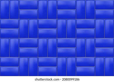 Blue seamless subway tile pattern. Vector metro wall or floor texture. Brick background. Interior glossy mosaic grid with rectangle elements.