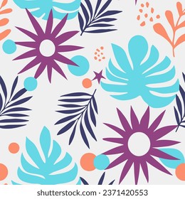 Blue Seamless Summer Artistic Element Backdrop. Vibrant Continuous Decoration Bloom Leaves, Seamless Pattern. Yellow Endless Abstract Graphic Textile Print. 