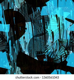 Blue seamless texture with blots and different shapes. Abstract vector background.