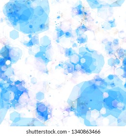 Blue seamless texture with blots and hexagons. Digital pattern. Abstract vector background.