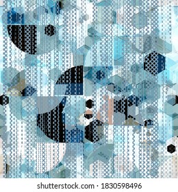 Blue seamless texture with geometric elements and dots. Abstract vector background for web page, banners backdrop, fabric, home decor, wrapping