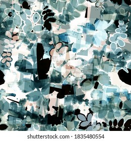 Textura azul sin costura con formas geométricas y hojas. Resumen de fondo vectorial para página web, fondo de banners, tela, decoración doméstica, envoltura