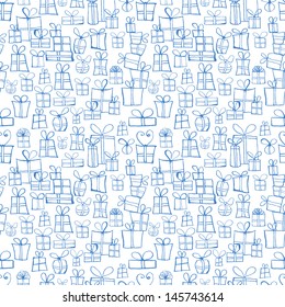Blue seamless texture with gift boxes. Can be used for wallpaper, pattern fills, textile, web page background, surface textures. Vector illustration. 