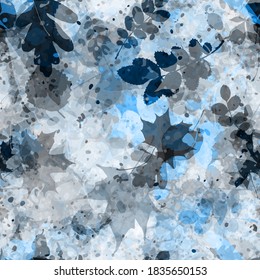 Blue seamless texture with leaves and blots. Underwater and ice effect. Abstract vector background for web page, banners backdrop, fabric, home decor, wrapping