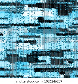 Blue seamless texture. No gradient. Offset rectangles, dots, circles, rings. Glitch or glass effect. Abstract vector background for web page, banners backdrop, fabric, home decor, wrapping