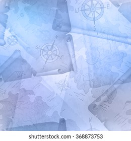 blue seamless texture of old map of Treasure Island with a compass and manuscripts, vector illustration