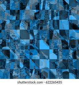 Blue seamless texture from stripes, spots and dots with chess pattern Abstract background for fabric, wrapping, home decor.