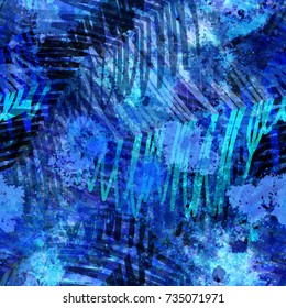Blue seamless texture with stylized tropical leaves. Abstract vector background for web page, banners, fabric, home decor, wrapping 