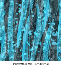 Blue seamless texture with vertical wavy lines, stripes and decorative elements like leaves. Underwater effect. Abstract vector background for web page, banners backdrop, fabric, home decor, wrapping