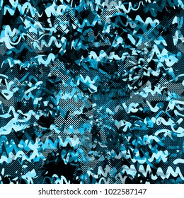 Blue seamless texture from wavy stripes and triangles. Dark and light elements. Abstract vector background for web page, banners backdrop, fabric, home decor, wrapping