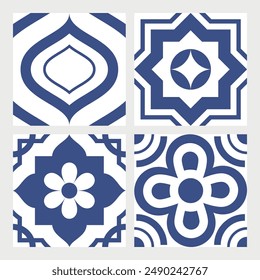 blue seamless tiles. square decorative patterns.  abstract mosaic backdrop. vector design for wall or floor. isolated on white. wrapping paper surface