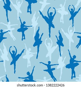 Blue seamless vector background with elements of ballerina silhouettes. Perfect for fabric, gift wrap, dance studio, invitations, scrapbooking, home decor, wall paper, quilting and projects.