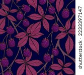 BLUE SEAMLESS VECTOR BACKGROUND WITH LILAC BLACKBERRY FRUITS