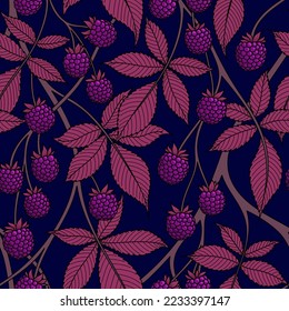 BLUE SEAMLESS VECTOR BACKGROUND WITH LILAC BLACKBERRY FRUITS