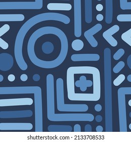 BLUE SEAMLESS VECTOR BACKGROUND WITH MULTICOLORED GEOMETRIC ELEMENTS