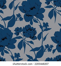 blue seamless vector flowers with leaf pattern on grey background