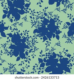 flores vectoriales sin costuras azules deja el patrón de racimos sobre fondo verde