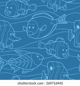 Blue seamless vector pattern with fish