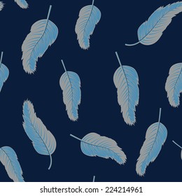 blue seamless vector pattern with gray feathers