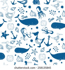 Blue seamless vector pattern. Sea animals. Nautical background with pelican, whale, seashells, seagulls. 