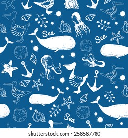 Blue seamless vector pattern. Sea animals vector illustration. Nautical background with pelican, a whale, seashells, seagulls, octopus. 