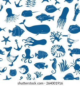 Blue seamless vector pattern. Sea animals vector illustration. 