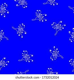 Blue seamless vector pattern with white flowers. Art continuous illustration modern