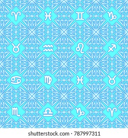 Blue seamless vector pattern of zodiac signs.
